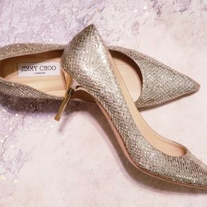 Jimmy Choo Silver Metallic Glitter Pumps / Heels